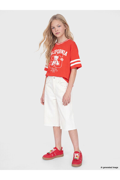 LC Waikiki Trendlucky Wide Leg Girls' Jean Shorts with Stones and a Differenc...