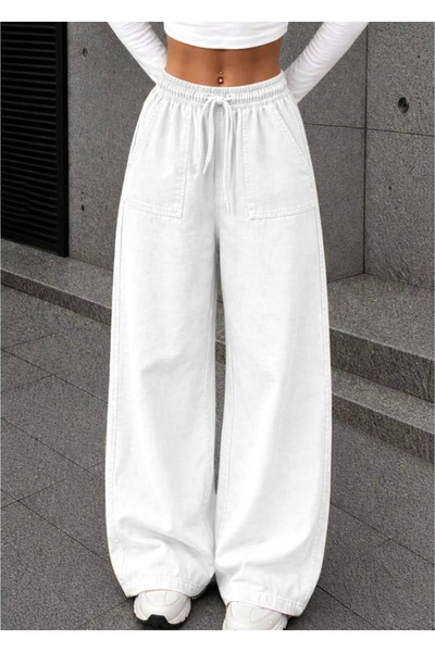 Hera Moda Women's Gabardine White Washed Linen Trousers with Pockets