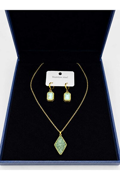 Genel Markalar Çelik gold renk mint yeşili taşlı kolye ve küpe takı seti