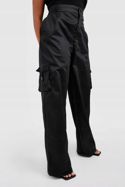 NO BRAND Pantaloni negri din material textil, cu picior larg, cu buzunare, ta...