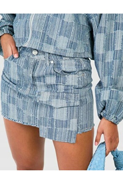 NO BRAND Fustă mini din denim albastru, cu buzunare în carouri, din bumbac, B...