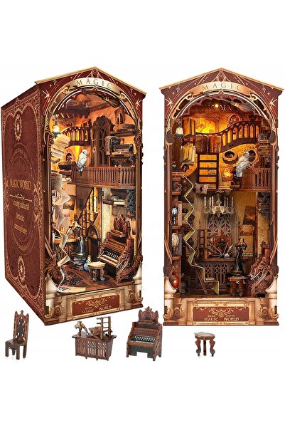 NO BRAND DIY Puzzle 3D din lemn, Suport de cărți Casă-Bibliotecă Magică cu LED