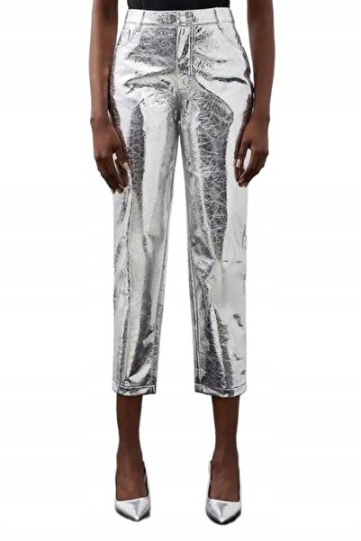 NO BRAND Pantaloni metalici argintii, croială dreaptă, 3/4, din piele ecologi...