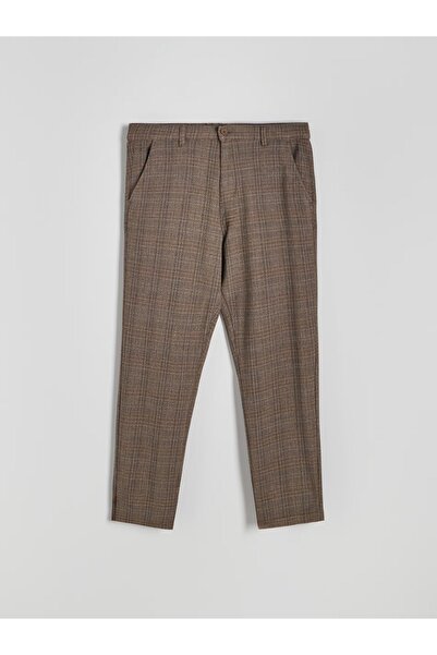 NO BRAND Pantaloni chino maro din stofă, cu model în carouri, buzunare, Reser...
