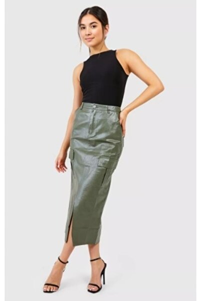 NO BRAND Fustă midi BOOHOO verde, lucioasă, dreaptă, cu șliț și buzunare, 38