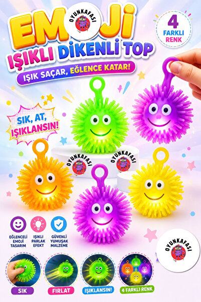 OYUNKAFASI Emojili Işıklı Dikenli Top – 1 Adet Sıkınca Işık Yanan Yumuşak Dik...