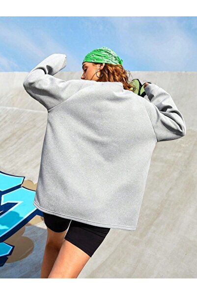 NO BRAND Hanorac oversize gri, design melanj, cu imprimeu text, mâneci raglan...