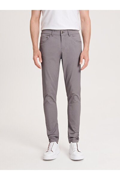 NO BRAND Pantaloni lungi din bumbac neted, gri, croială slim, cu buzunare, 29