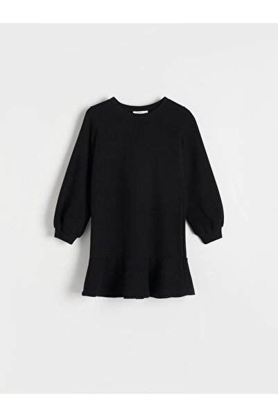 NO BRAND Rochie neagră din bumbac neted, cu volane și mânecă lungă, Reserve 122