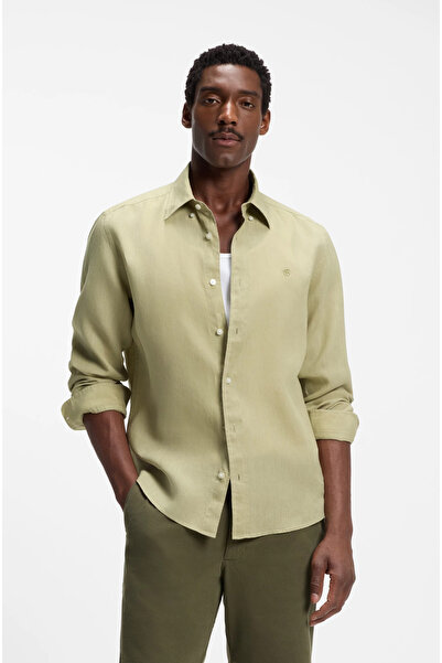 BOSS Men's Shirt Lapel Button Closure Long Sleeve Slim Fit Light Green Shirt