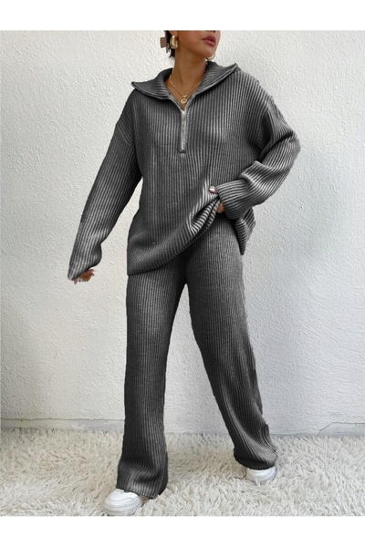 NO BRAND Set tricotat gri, pulover supradimensionat și pantaloni, 40/42