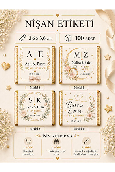 LecaTTe 100 Adet Kişiye Özel Nişan Çikolata Etiketi – 3,6 x 3,6 cm