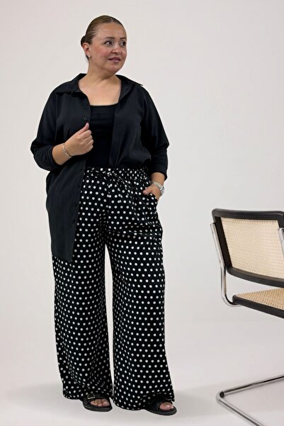 Eslina 69013 Plus Size Elastic Waist Wide Leg Mango Pants with Pockets - Blac...