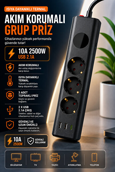 MATECHNO 3'lü Akım Korumalı Topraklı Çoklu Priz 2500W | 2 USB + 1 Type-C | Is...