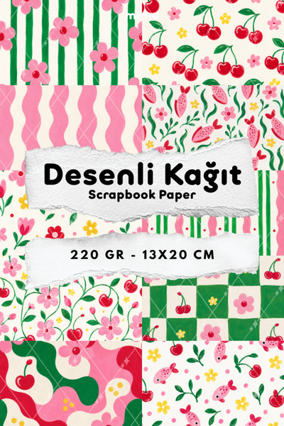 Mimu Art Studio Kiraz Koi Balığı Çiçek Ekose Desenli Kağıt Seti Scrapbook Kağ...