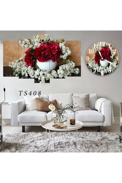 BellaaaModa Çiçekli Dekoratif Desenli Mdf Tablo 5 Parça Set ve Saatli Takım, ...
