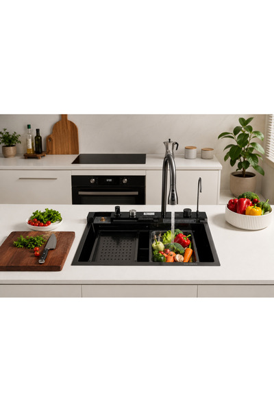 Hausberg Dijital Akıllı Evye Seti — 75x45 cm Şelale Bataryalı, LED Sıcaklık G...