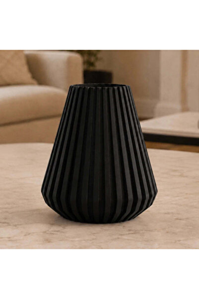 OEM Vaza compacta negru mat, 20 cm, cu linii verticale in relief, ideala pent...
