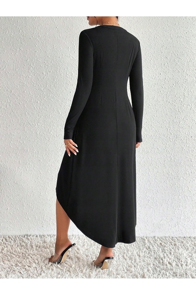 NO BRAND Rochie Shein neagră, cu mânecă lungă, asimetrică, reiată, cu nasturi...