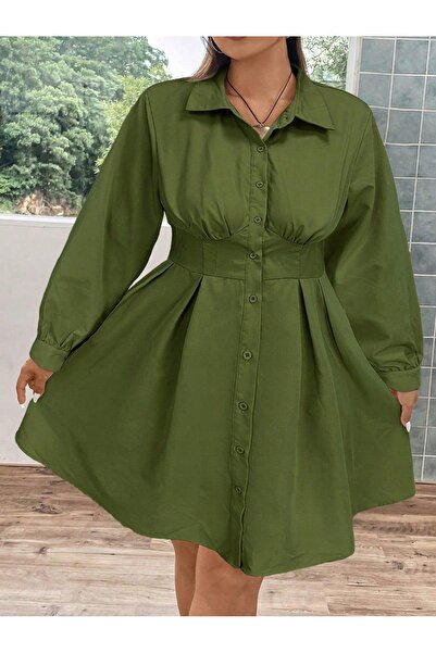 NO BRAND Rochie cămașă verde Shein, cu mânecă lungă, evazată, 50