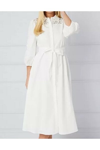 NO BRAND Rochie Albă Clasic Simplă Midaxi Mâneci 3/4 Guler Wallis 46