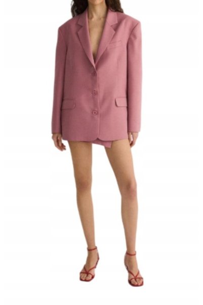 NO BRAND Blazer roz, supradimensionat, lejer, cu lână, la un rând de nasturi,...