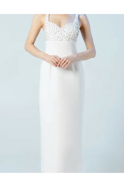 NO BRAND Rochie Midaxi albă cu bretele decorate, decolteu în formă de inimă, ...