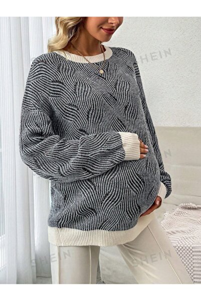 NO BRAND Pulover de maternitate negru alb tricotat cu model clasic larg Shein L