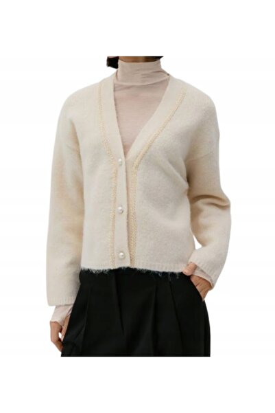 NO BRAND Cardigan crem cu mâneci lungi, decorat cu pietre, stil clasic, mărim...