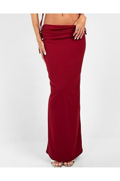 NO BRAND Fustă Maxi Bordeaux, Culoare Uni, Reiată, Talie Joasă, Croială Dreap...