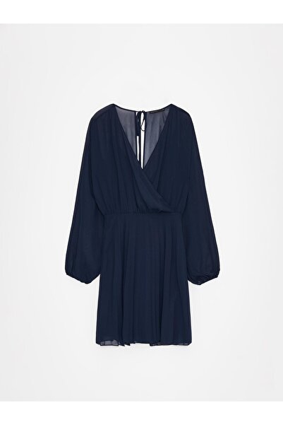 NO BRAND Rochie plisată clasică bleumarin cu decolteu încrucișat și mâneci lu...