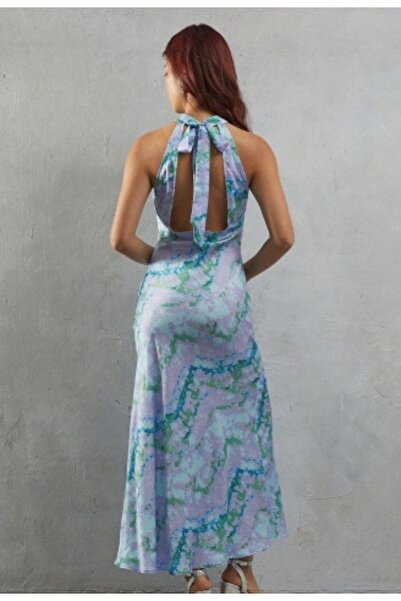 NO BRAND Rochie maxi din satin multicoloră, cu spatele deschis și închidere c...