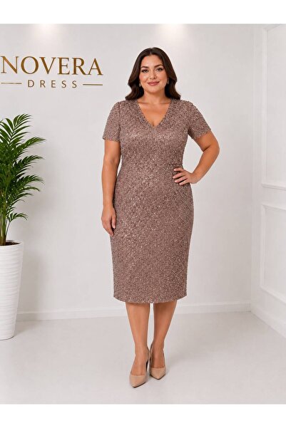NOVERA DRESS Novera Vizon Payet İşlemeli V Yaka Kısa Kollu Büyük Beden Midi A...