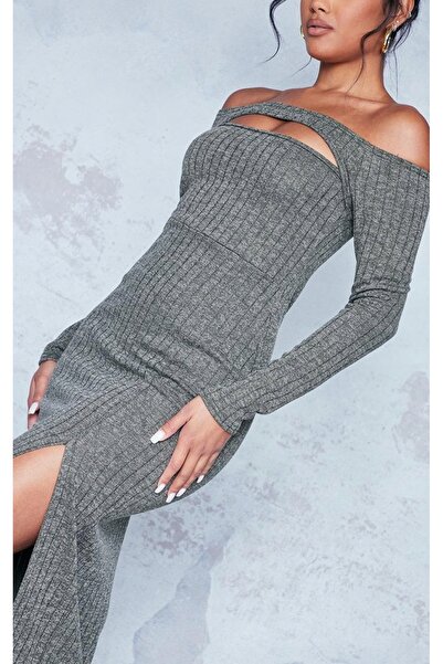 NO BRAND Prettylittlething 38 Rochie kaki cu dungi, cu umeri decupați și șliț