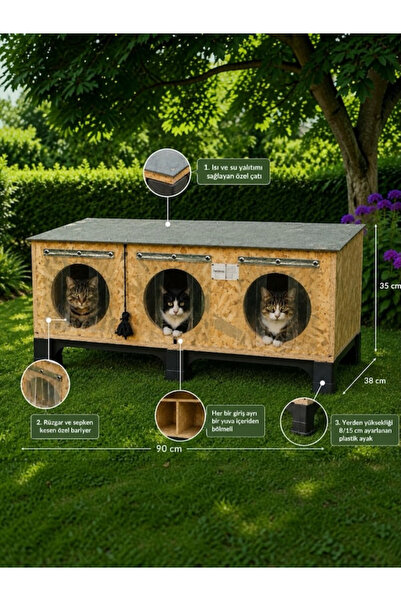 Kedi evi kedi yuvası kedi barınağı ısı ve su yalıtımlı 3 kedilik