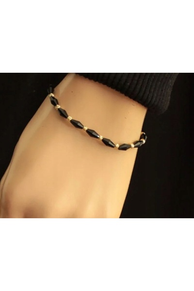 NO BRAND Brățară de aur cu șnur negru 585 Pietre negre cu bile 14Kt