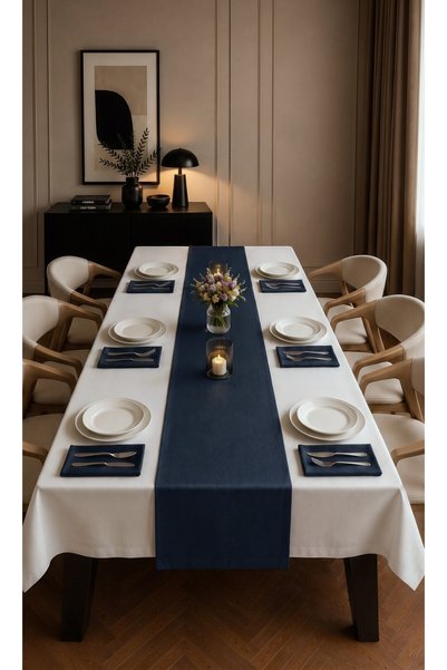 Dokuar Velvet Textured Premium Plain Polyester Table Cloth Runner 6-Piece Fabric Napkin Dining Table Set
