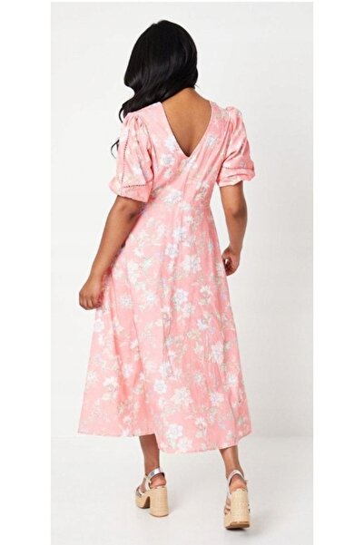 NO BRAND Rochie Midaxi Roz Clasic Florală cu Nasturi, Decolteu în V, Simplă, ...