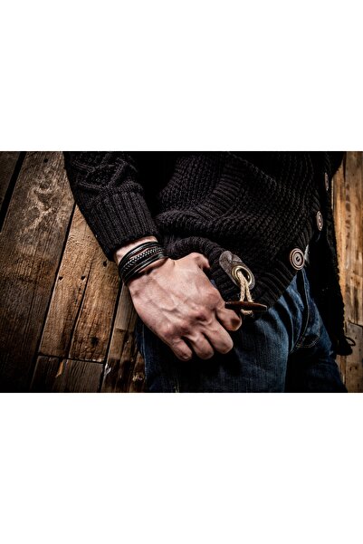 NO BRAND Serasar, Brățară bărbătească din piele împletită, Negru, 17cm