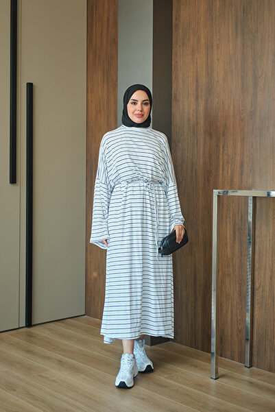 LOCCO Women's Striped Long Sleeve Dress White