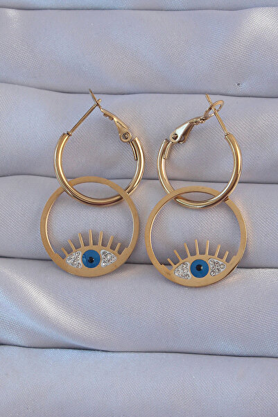 Mega Bazaar 316L Steel Gold Color Zircon Stone Blue Eye Design Hoop Earrings