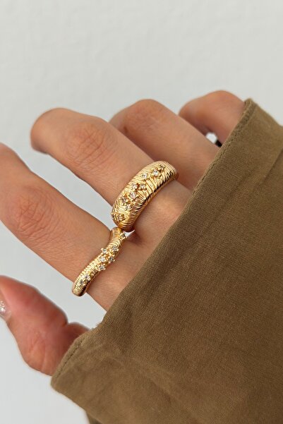 Lavian Accessories Lily Gold 2’li Taş Detaylı Yüzük Seti (AYARLANABİLİR)