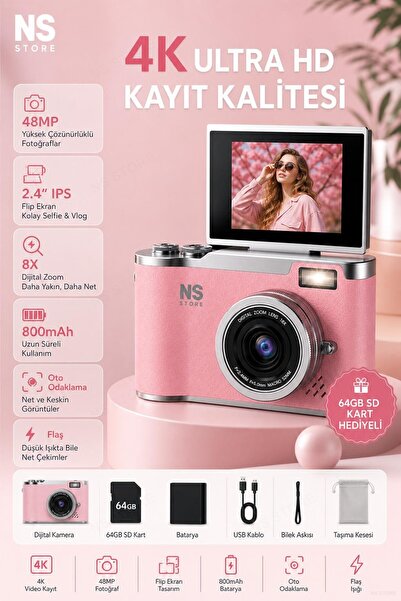 NS Store 4K Ultra HD Dijital Fotoğraf Makinesi 48MP Flip Ekranlı Vlog Kamera Pembe SD Kartlı