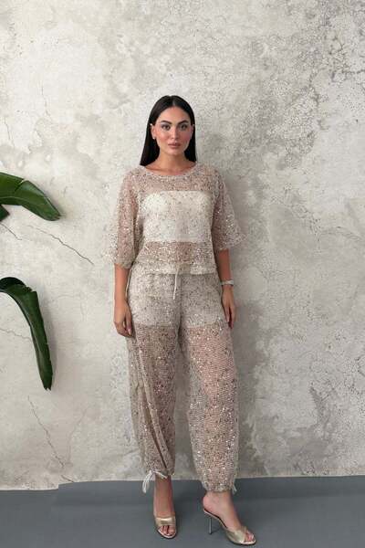 Elbee Fashion Woman طقم بيج مزين بالترتر