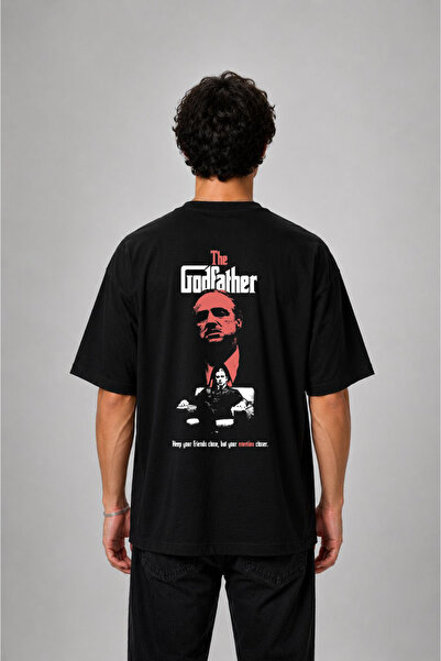 cesita Baba the Godfather Printed Oversize Cotton Black T-Shirt