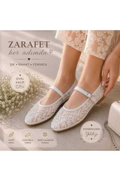 Acarbey Women's Pearl and Embroidered Tulle Detailed Ankle Strap Ballerina Sh...