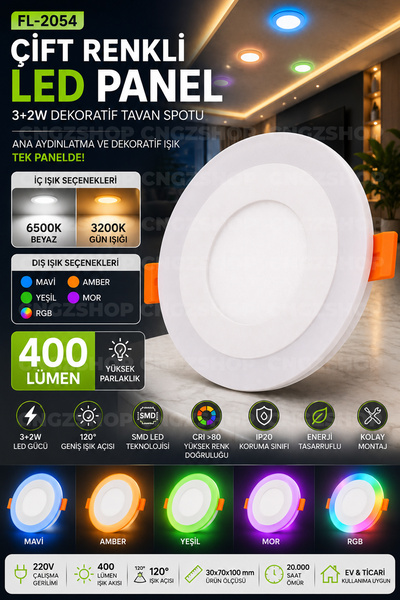 CNGZSHOP FL-2054 3+2W Çift Renkli LED Panel Armatür 220V Dekoratif Tavan Spot...
