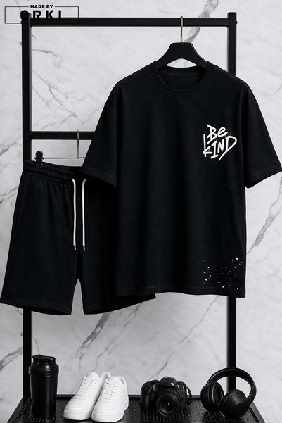 EFFRENATU Be Kind Printed Oversized Unisex T-Shirt & Black Shorts Set