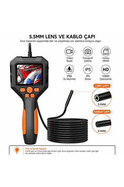 uninet 5 Metre Ekranlı 5.5mm Sert Kablo Endoskopi Yılan Kamera