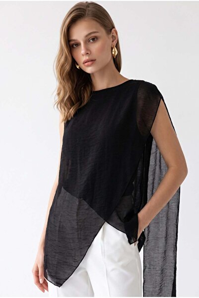 Mixray 2205 Women's Transparent Double-Breasted Cape Blouse Black